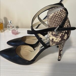 Michael Kors Black Leather Heels with Snake skin accents and Ankle Straps